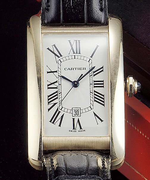 Cartier Rextangular Watch Cartier. A gents 18ct gold curved rectangular calendar wristwatch ...