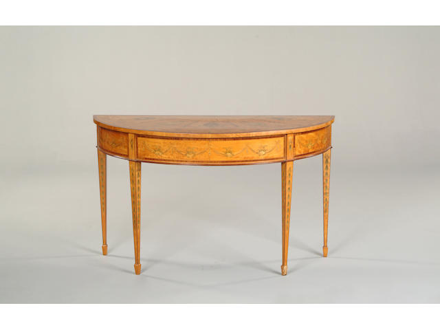 A George III style satinwood and marquetry inlaid demi-lune side table