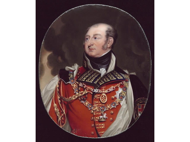 Henry Bone R.A., Frederick, Duke of York and Albany (1763-1827), wearing Field Marshal's scarlet uniform, white silk lined black velvet mantle, collar and breast star of the Order of the Garter and collar of the Order of the Bath