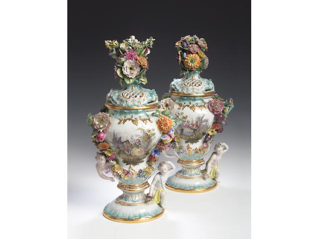 A pair of Meissen Mayflower vases and covers, mid 19th Century,