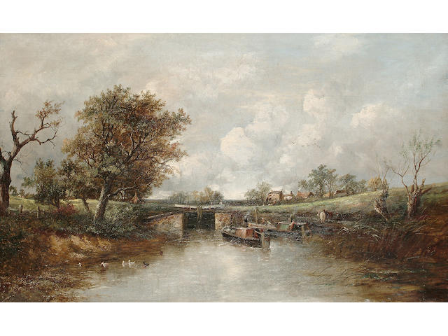 Joseph Thors (British fl.1863-1900) At the lock-gate, 56 x 91.5 cm. (22 x 36 in.)