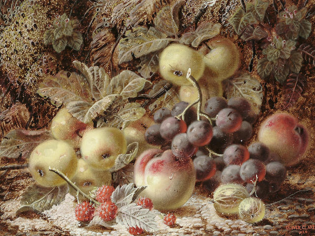 Oliver Clare (British, c.1853-1927) Still life of fruit on a mossy bank, 22 x 30 cm (8 1/2 x 11 3/4 in.)
