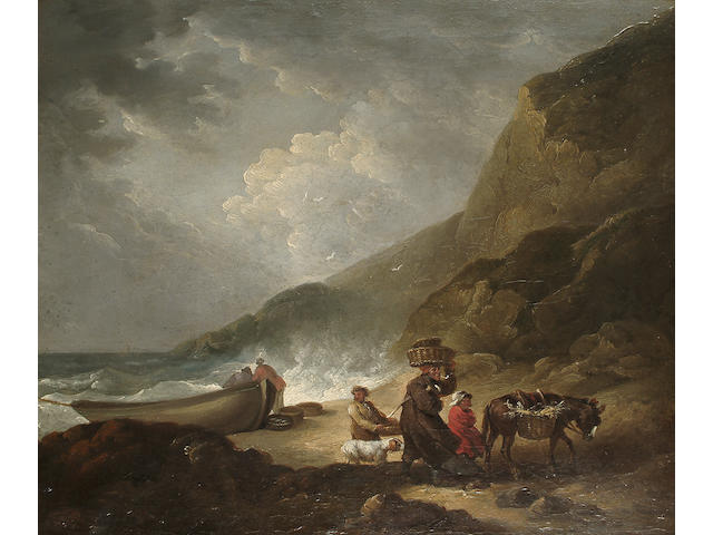 George Morland (British, 1763-1804) A rocky coastline with travellers on the beach, 50.6 x 61 cm. (19 7/8 x 24 in.)