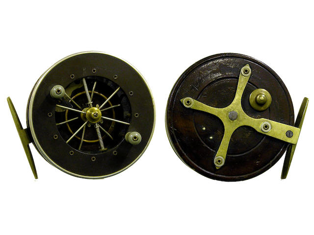 A named Allcocks Coxan Aerial walnut and brass centre pin reel 4&#8221;