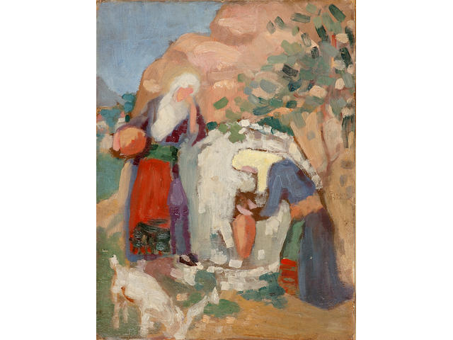 Theofrastos Triantafyllidis (Greek 1881-1955) Women at the fountain 40 x 30 cm. (15 3/4 x 11 7/8 in.)