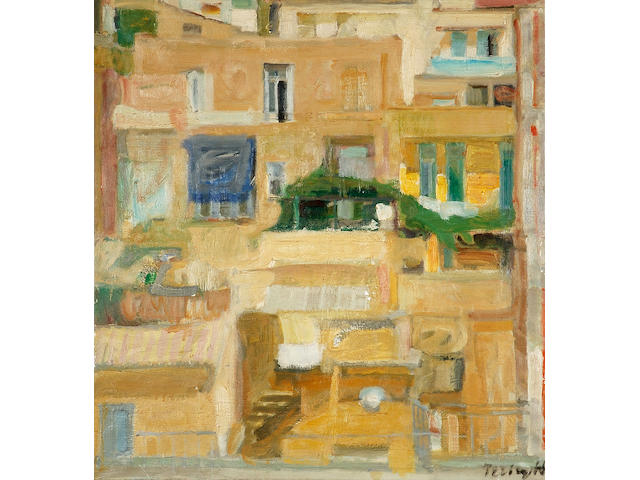Panayiotis Tetsis (Greek b.1925) The view from Xenokratous street in Athens 80 x 74.5 cm. (31 1/2 x 29 3/8 in.)