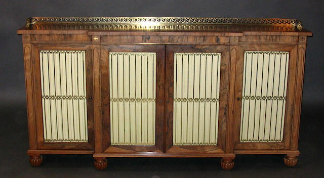 A good George IV rosewood, cut and line brass inlaid breakfront side cabinet