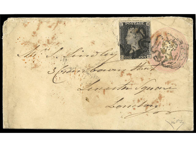 Postal Stationery: 1842 1d. pink envelope from Fraserburgh to London, additionally franked by 1840 1d. plate XI CG (cut into), few faults, nevertheless a rare item. Brandon Certificate (2000).