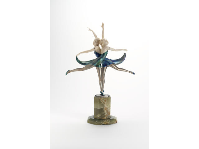 Prof.Otto Poertzel, circa 1925 'Butterfly Dancers' An Exceptionally Fine Cold-Painted Bronze and Carved Ivory Figural Group