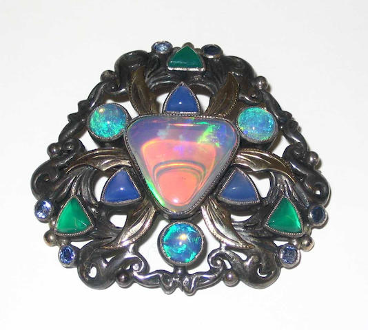 Bonhams : A Sybil Dunlop opal, agate and sapphire brooch With maker's ...