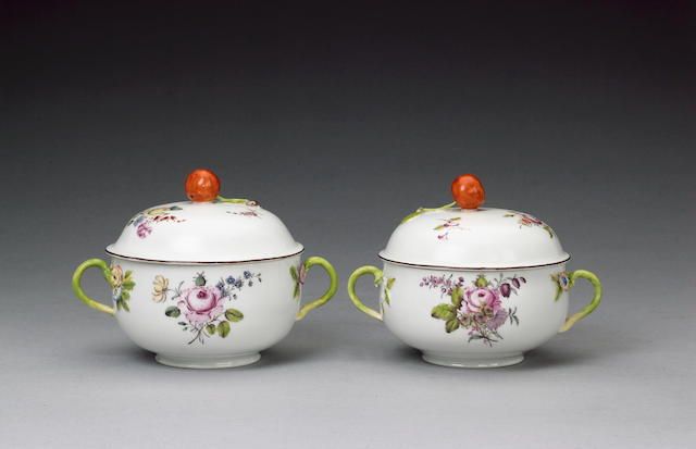 A pair of Chelsea broth bowls and covers circa 1755