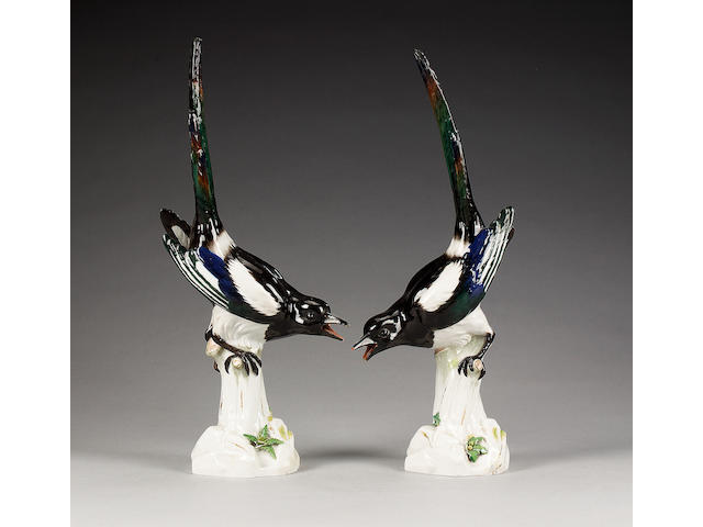 A pair of Meissen models of magpies, circa 1900,