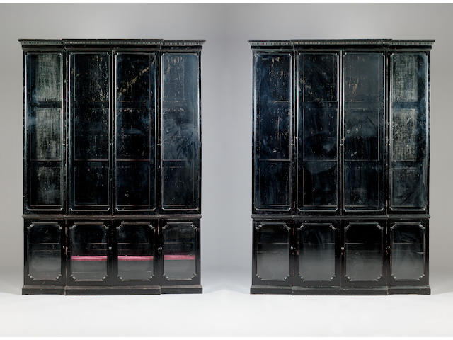 A pair of late 19th/early 20th century ebonised breakfront bookcase