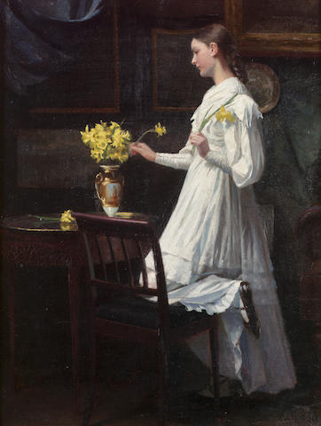 Carl Christian Frederick Jacob Thomsen (Danish 1847-1912) Arranging daffodils 41 x 32 cm. (16 x 12 1/2 in.)
