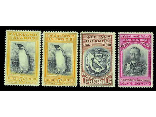 Falkland Islands: 1933 Centenary &#189;d. to &#163;1 set with extra 5/- black and yellow-orange, mainly fine and fresh mint. S.G. &#163;4250. (485)