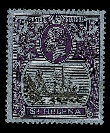 St Helena: 1922-37 Script 15/-, showing variety torn flag, mint, faint trace of toning on gum, otherwise fine and rare. S.G. &#163;3500. (517)