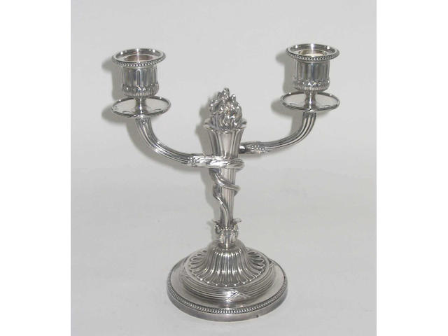 A pair of French twin branch candelabra Stamped with national mark of fineness and import marks for Sheffield, 1948,