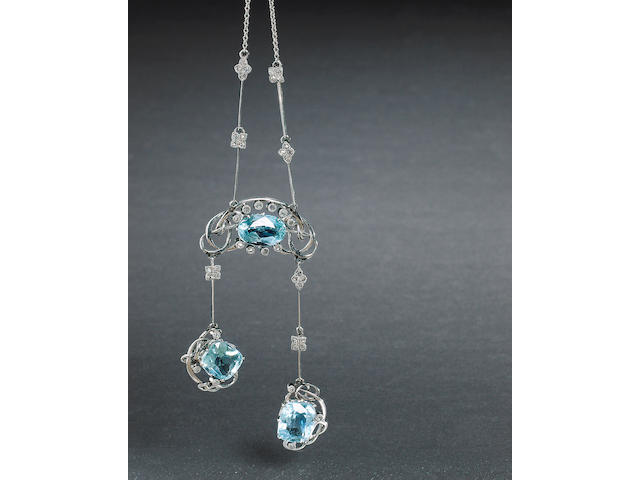 A rare Liberty and Co platinum, aquamarine and diamond necklace to a design by Archibald Knox Model 9150, unmarked,