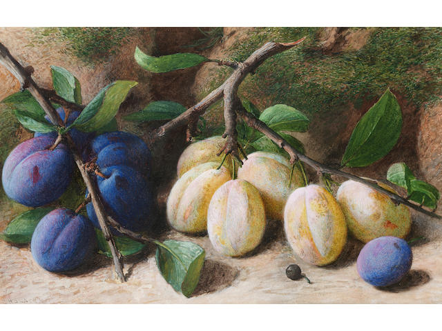 Charles Henry Slater (fl. 1860-1870) A still life of plums, and another similar, 22.8 x 35 cm. (9 x 13 3/4 in.) and 21 x 30.5 cm. (8 1/4 x 12 in.), (2).