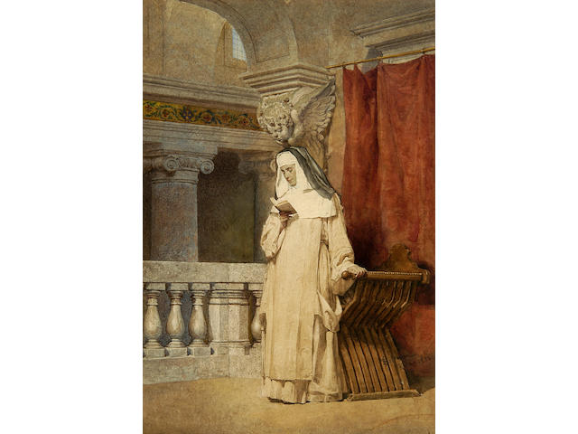 Enrico Coleman (Italian 1846-1911) Nun reading in a church interior 55 x 37.5cm (21&#189; x 14&#190;in).