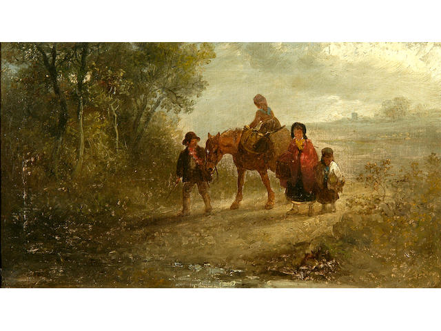 Edward Robert Smythe (1810-1899) A family travelling with their pony 28 x 48cm (11 x 19in).