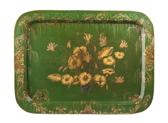 A Victorian green painted black lacquer papier mach&#233; Tray,