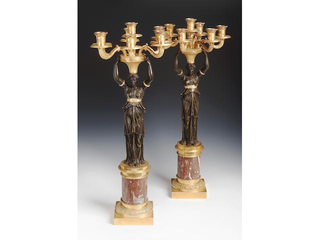 A pair of Regency bronze and ormolu Candelabra,