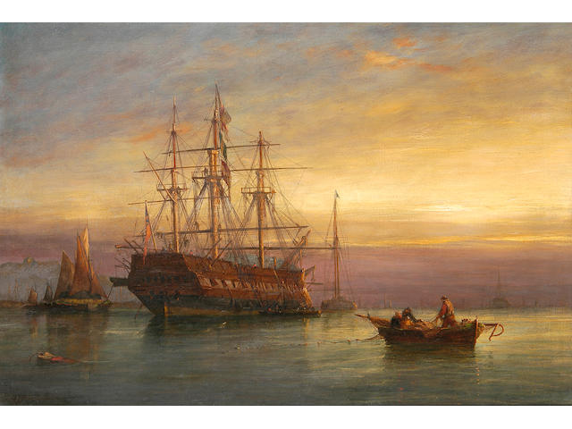 Richard Henry Nibbs (c.1816-1893) A warship at anchor on a calm evening 81 x 122cm (32 x 48in).
