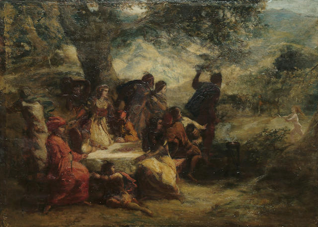 English School, 19th Century Figures at a table in a clearing, a nude figure beyond, 26.3 x 37 cm (10 3/8 x 14 1/2 in)