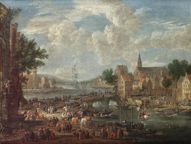 Pieter Bout (Brussels 1658-1719) A village on a river 33.7 x 43.7 cm. (13 3/8 x 17&#188; in.)