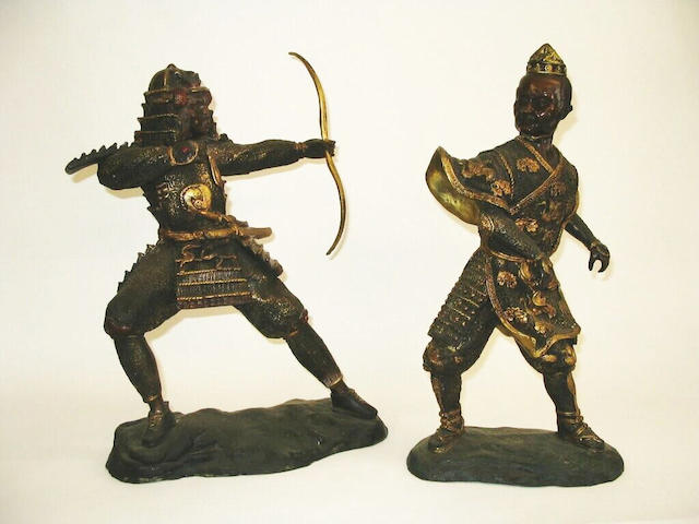 A pair of cast bronze figures of warriors,