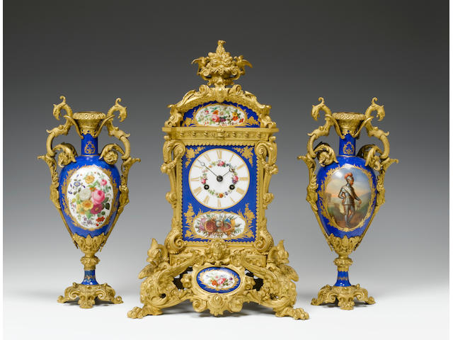 A good 19th century French porcelain mounted ormolu clock garniture Retailed by Charles Frodsham, movement by Pons