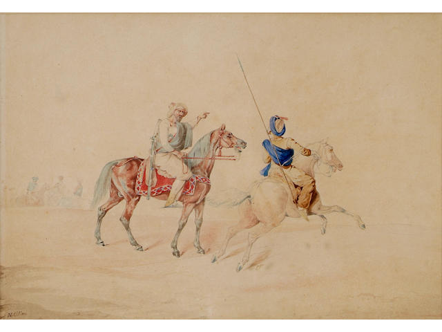 Henry Alken Senior (1785-1851) Three mounted Arab horsemen in a desert, a town on the skyline, and companion of an Arab on his stallion with a mounted messenger, 19 x 28.5cm. (2)