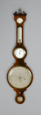 An early 19th century satinwood banded mahogany wheel barometer with enamel dial timepiece J. Somalvico, 4 Leather Lane, Holborn