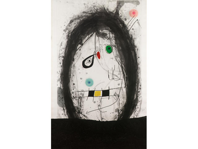 Joan Miro Exile Noir Etching with aquatint and carborundum, printed in colours, on wove, the full sheet, signed and numbered 28/75; some time staining along vertical sheet edges, 1045 x 675mm (40 13/16 x 26 3/8in)(SH) unframed