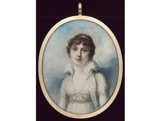 Richard Cosway, R.A., A double-sided miniature of a Mother and Child; she wearing a white dress with high frilled collar and pale yellow waist-sash, white over-dress, a pearl bandeau in her brown hair; the child with auburn hair wearing a coral necklace