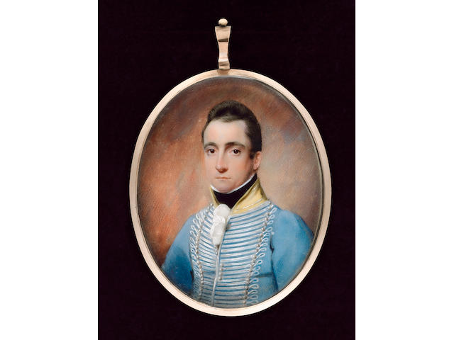 Joseph Pastorini, Lieutenant Hugh Henry, wearing pale blue uniform of the Light Dragoons (possibly the 12th), his yellow collar with silver piping, his coat with silver lace