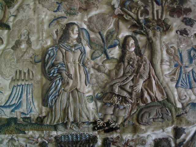 A mid to late 17th Century embroidered stumpwork panel depicting 'The Judgement of Paris'.