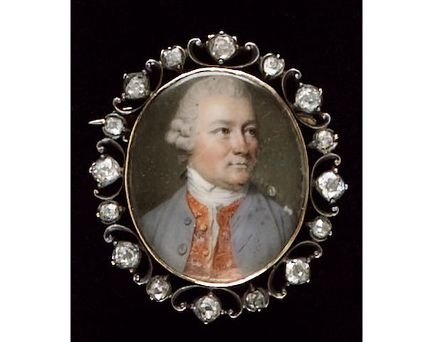 John Smart, A Gentleman, wearing pale lilac-grey coat, orange waistcoat embroidered with flowers and white stock, his powdered wig with side-buckles worn en queue