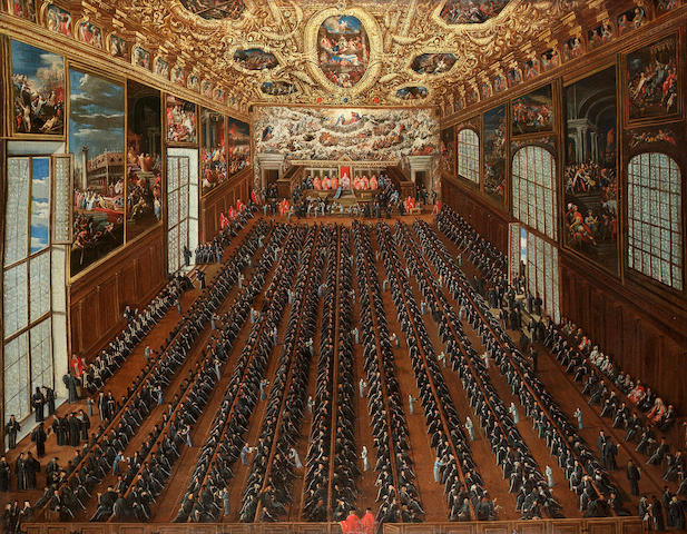 Joseph Heintz the Younger (Augsburg 1600-1678 Venice) The interior of the Sala Maggior Consiglio, 120 x 150 cm. (47&#188; x 59 in.)