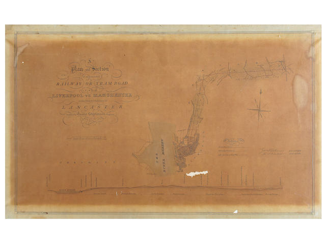 Stephenson (George), and Blackett (Thomas O.) "A Plan and Section of an intended Railway or Tram Road from Liverpool to Manchester in the County Palatine of Lancaster, surveyed by George Stephenson, Engineer, 20th. day of November 1824" 68 x 112cm.