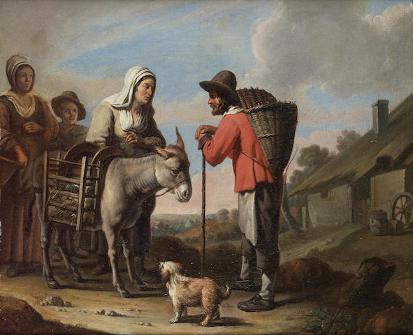 Le M&#226;itre aux Beguins (active Paris circa 1650-1660) A traveller on a path with two women, a child and their donkey, 50 x 61 cm. (19&#190; x 24 in.)