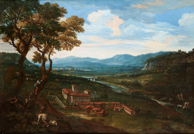 Crescenzio Onofri (Rome 1632(?)-after 1712 Florence) An extensive landscape with a villa, figures in trees 79.5 x 113 cm. (31&#188; x 44&#189; in.)