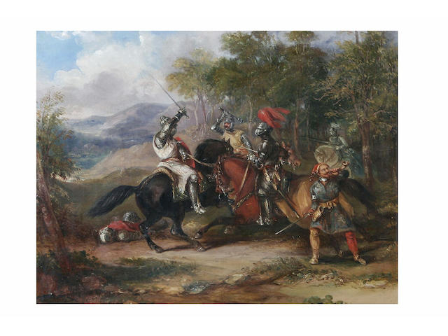 Attributed to Sir John Gilbert Medieval knights skirmishing in a woodland clearing, 33 x 43cm.