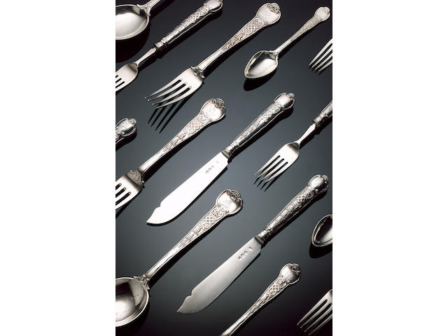 A matching Victorian silver Elizabethan pattern part table service of flatware, pieces by John Samuel Hunt, London 1858, and by Slater, Slater & Holland, London 1895,