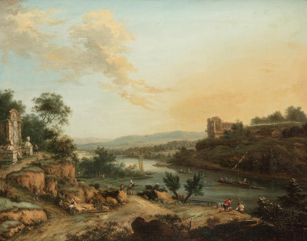 Johann Christian Vollerdt (Leipzig 1708-1769 Dresden) A Rhenish river landscape with travellers on a track, anglers on a bank and a monument nearby 62 x 77.5 cm. (24 3/8 x 30&#189; in.)