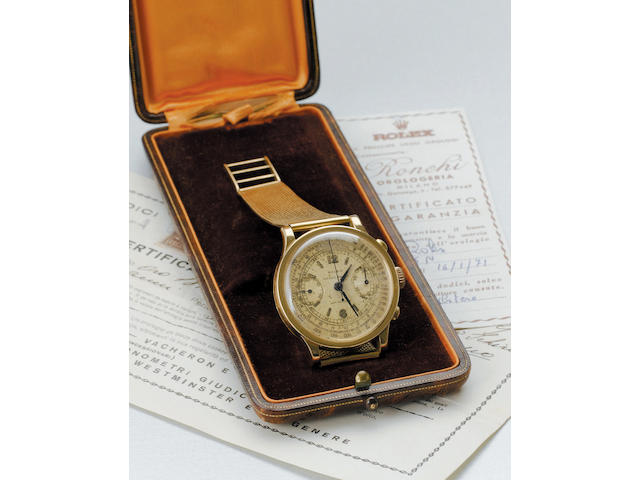 Rolex. A fine and rare 18ct gold chronograph wristwatch with factory box and paperssold on the 14th of January 1939 by Giudici of Milan
