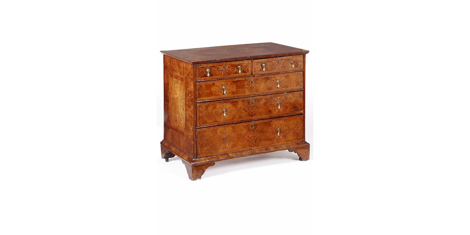 A Queen Anne walnut seaweed marquetry chest of drawers,