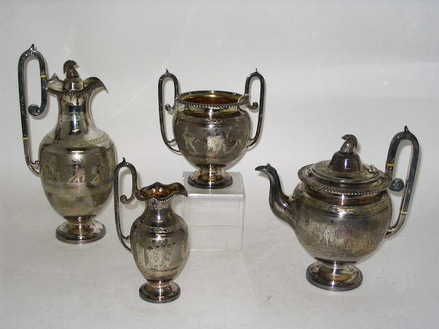 A Victorian four piece neo classical style tea set, Maker's mark "CB EP", Sheffield, 1879,