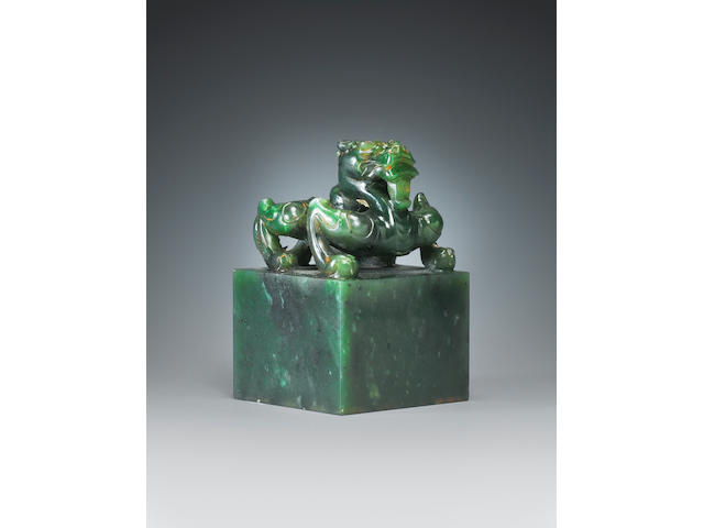 A rare spinach jade dragon-handled square seal 18th Century